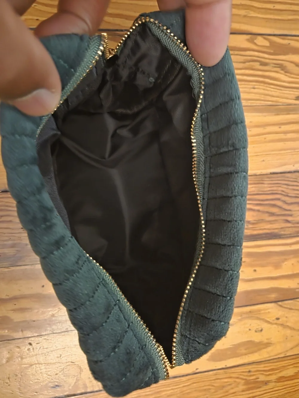 Quilted Velvet Cosmetic Pouch in Deep Green
